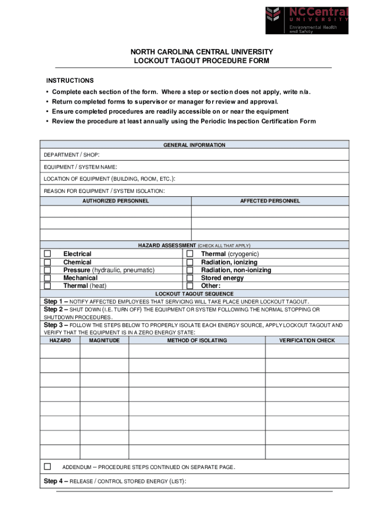 Fillable Online LOCKOUT TAGOUT PROCEDURE FORM Fax Email Print - pdfFiller