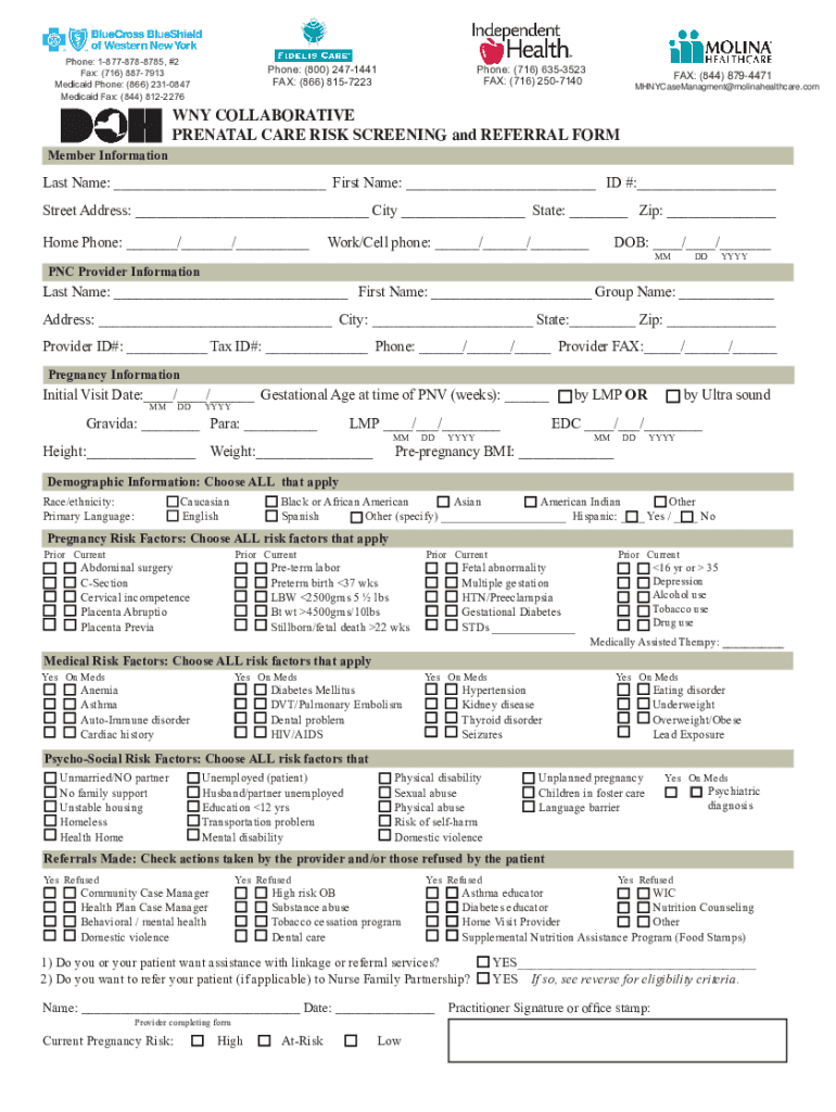 Fillable Online PRENATAL CARE RISK SCREENING. REFERRAL FORM Fax Email ...