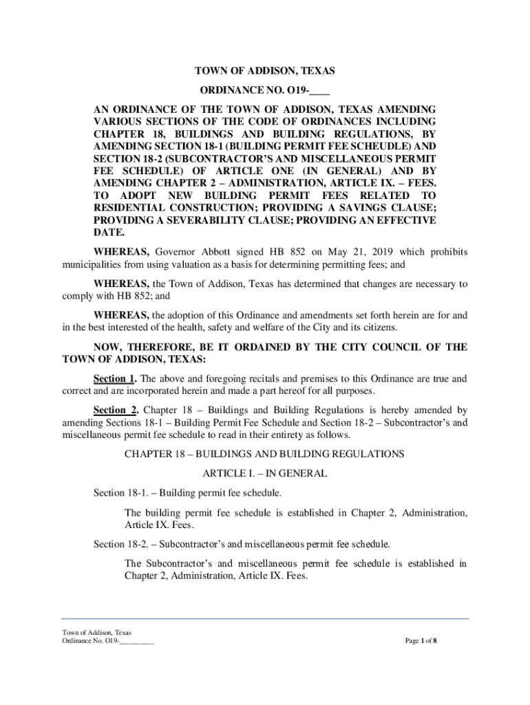 Fillable Online TOWN OF ADDISON, TEXAS ORDINANCE NO. O19 AN ORDINANCE