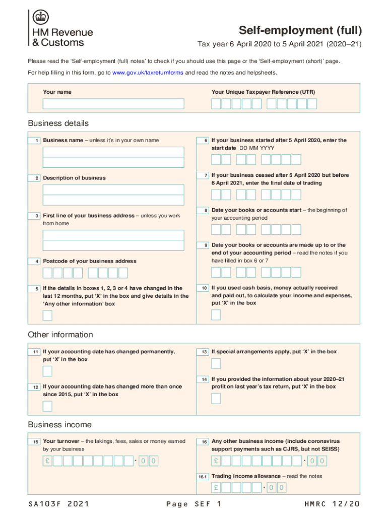Fillable Online SA103F Self-employment (full) 2021. If you're self-employed, have more complex ...