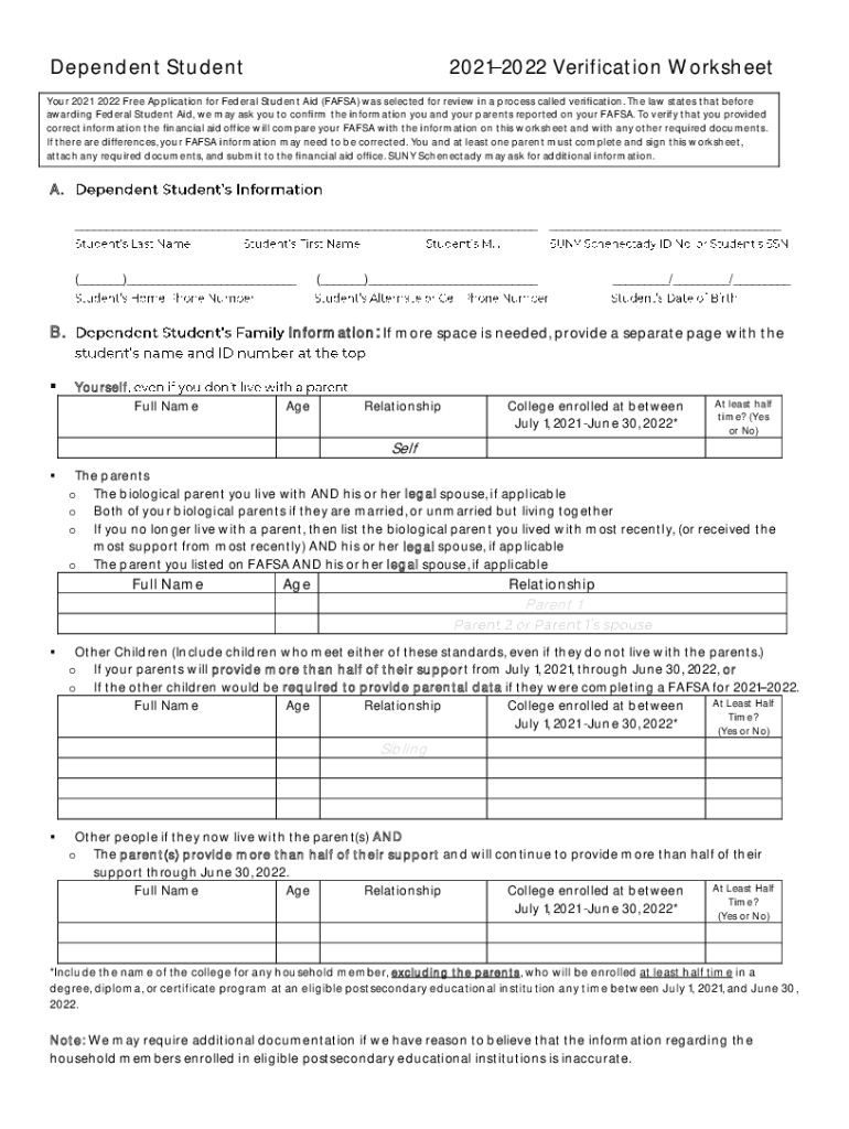 2021-2022 Dependent Verification Worksheet - Financial Aid Preview on Page 1