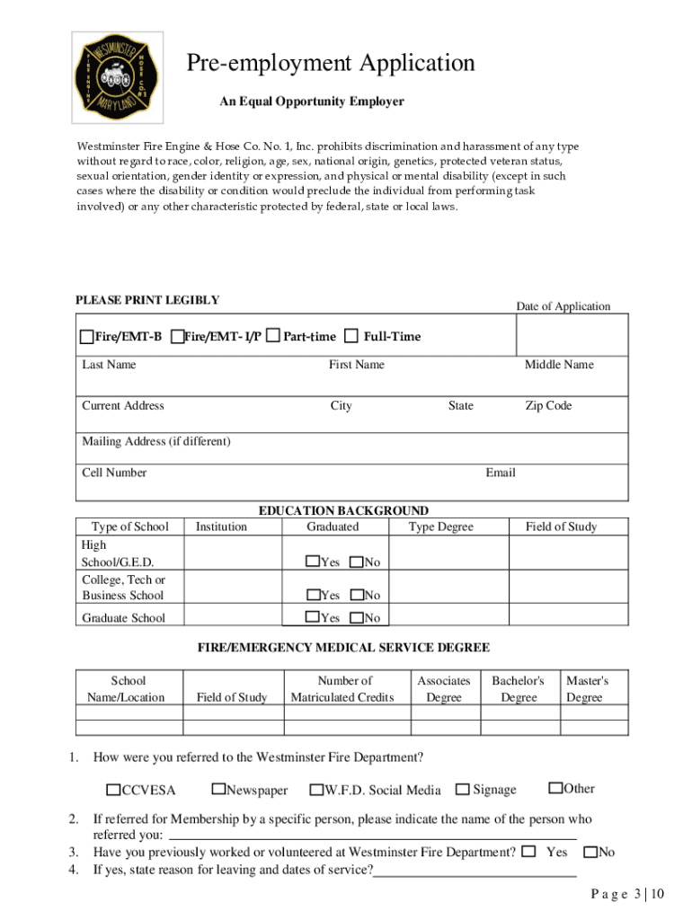 Pre-employment Application - westminstervfd Preview on Page 1