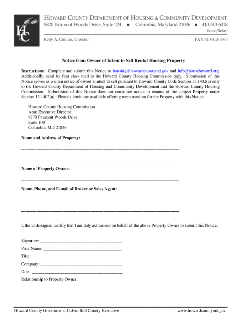 Fillable Online Notice from Owner of Intent to Sell Rental Housing Property Fax Email Print