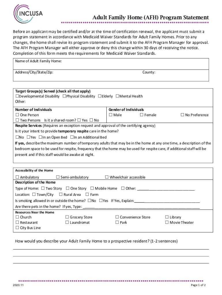 adult family home program statement template Preview on Page 1