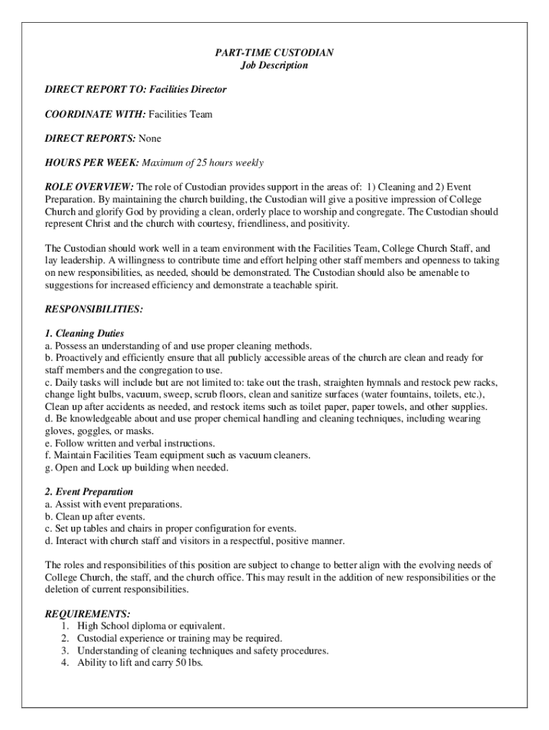 Fillable Online Custodian Job Description DutiesNow Hiring Fax Email