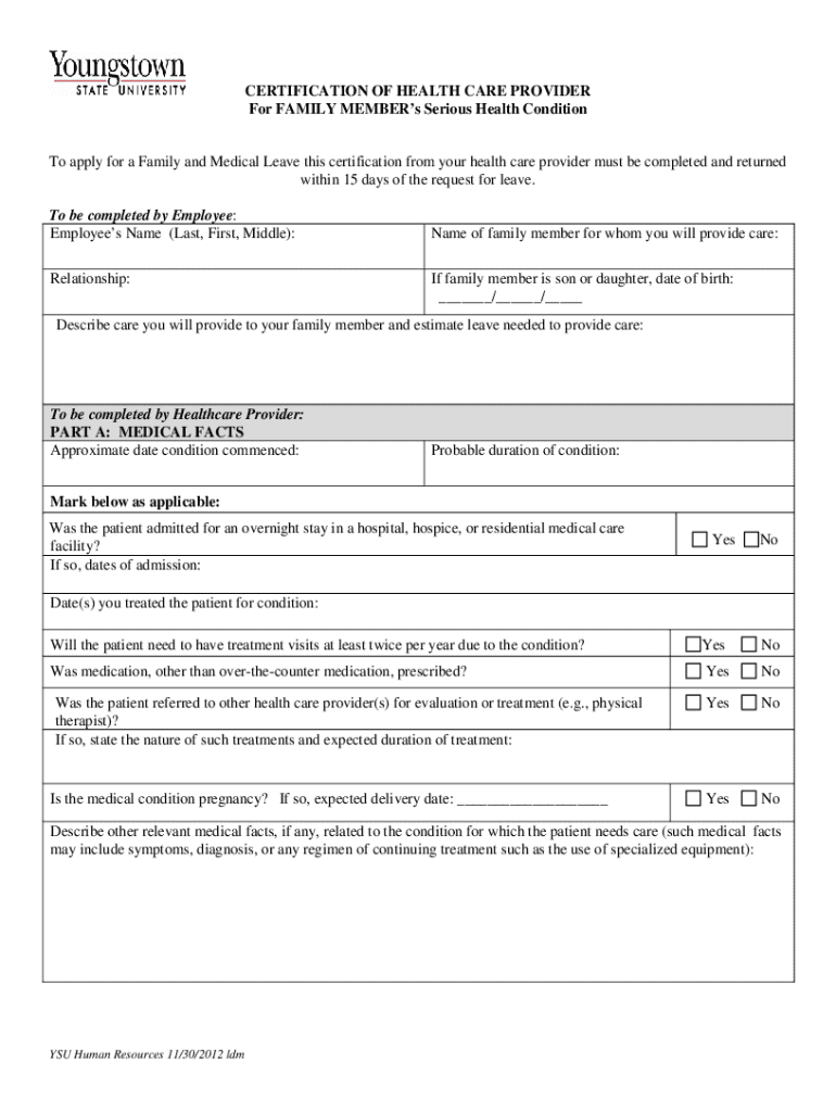 Fillable Online Certification of Your Family Member's Serious Health ...