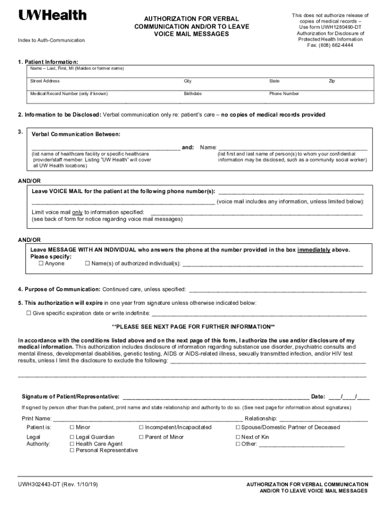 Authorization for Verbal Communication - UW Health Preview on Page 1
