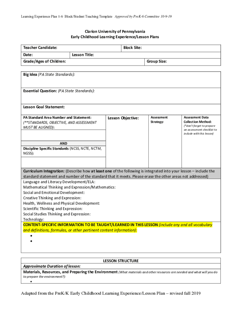 20192025 Form Clarion University of Pennsylvania Early Childhood