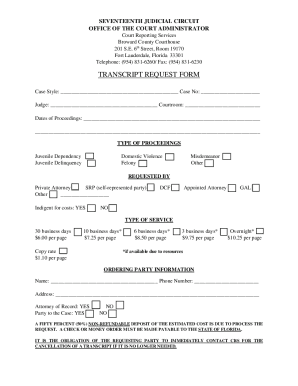 Fillable Online TRANSCRIPT REQUEST FORM - Seventeenth Judicial Circuit ...