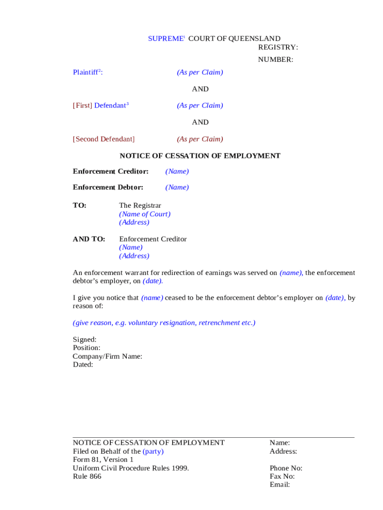 Uni Civil Procedure Rules 81. UCPR Notice of cessation of employment