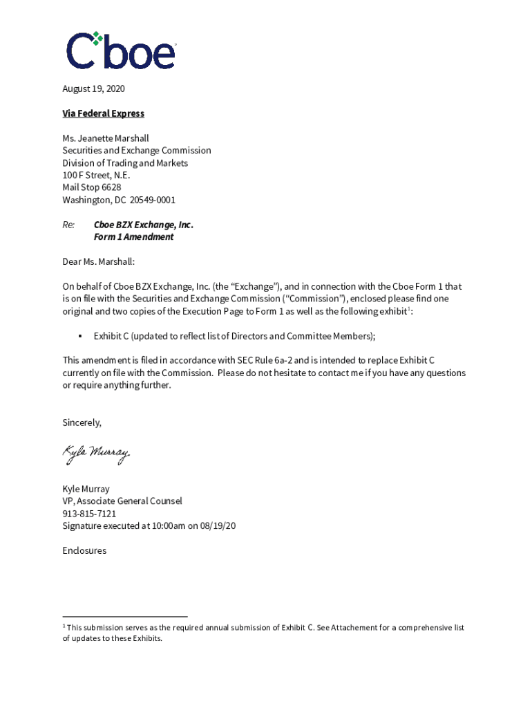 Fillable Online Re Cboe BZX Exchange, Inc. Form 1 Amendment Fax Email