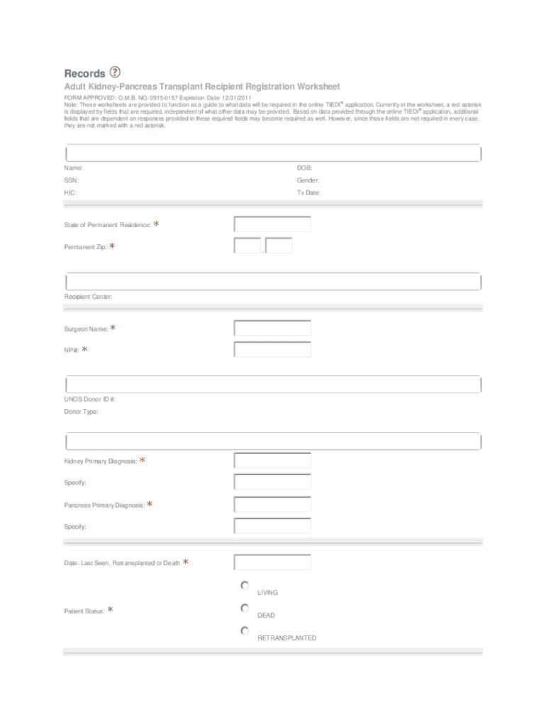 Fillable Online KidneyPancreas Adult Transplant Recipient Registration
