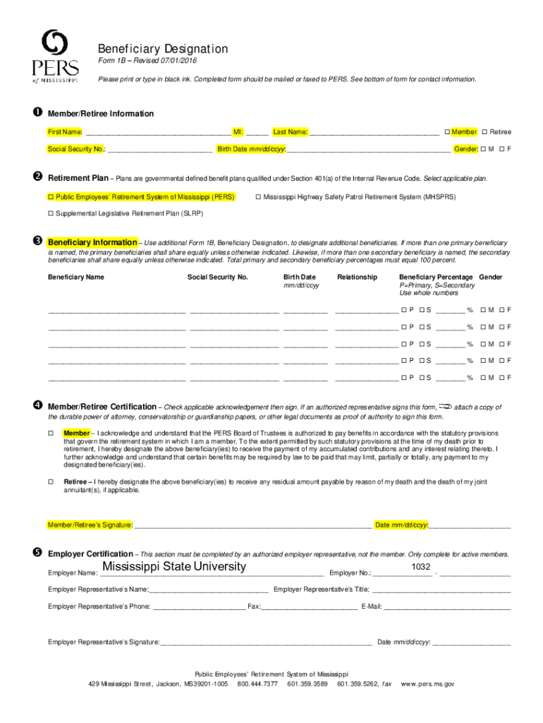 Fillable Online Fillable Form 1b - Beneficiary Designation printable ...