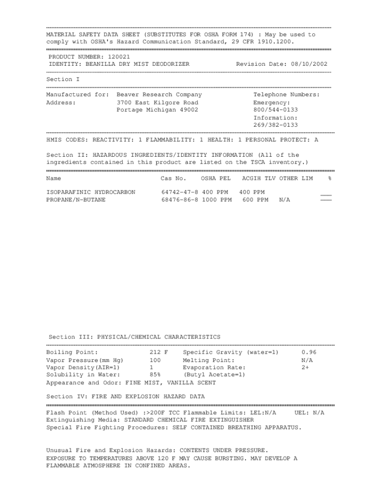 Fillable Online MATERIAL SAFETY DATA SHEET (SUBSTITUTES FOR OSHA FORM ...