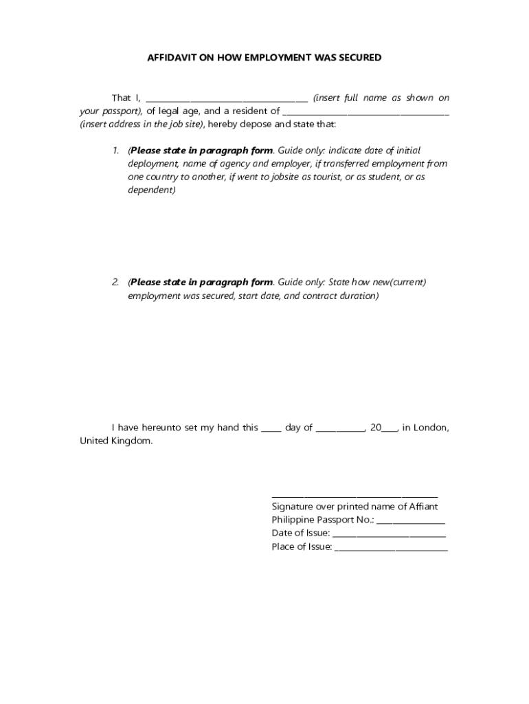 affidavit on how employment was secured sample Preview on Page 1