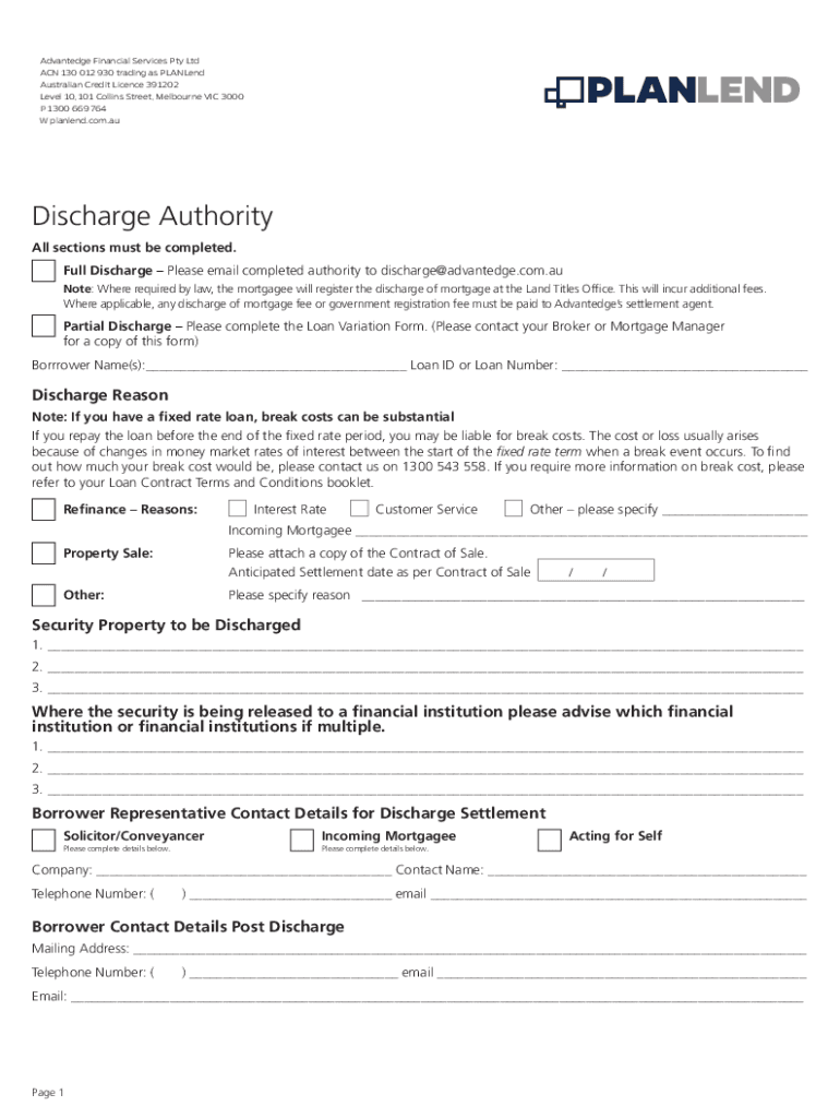 Fillable Online Discharge Authority Form. Plan Discharge Authority Form