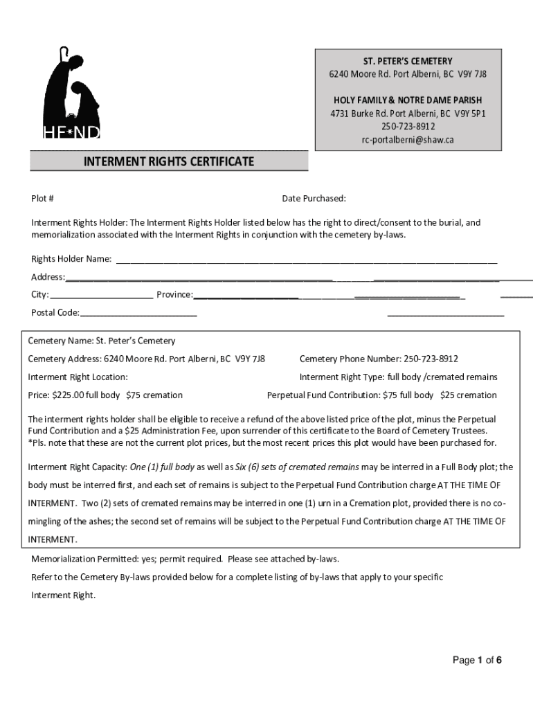 Fillable Online HOLY FAMILY &amp; NOTRE DAME PARISH Right of Interment ...