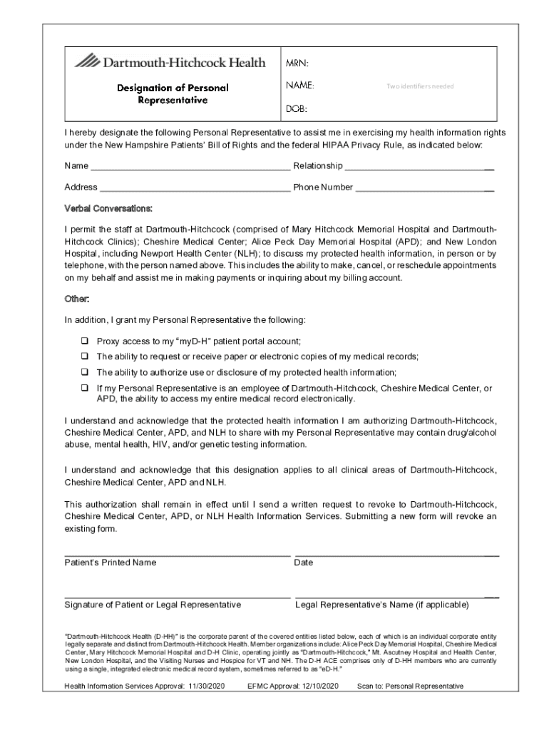 DartmouthHitchcock Health Designation of Personal Representative form