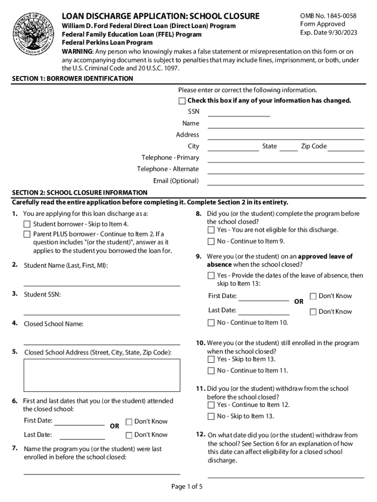 loan discharge application school closure Preview on Page 1