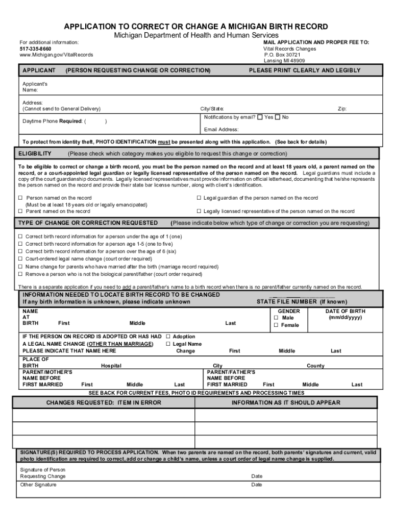 application to correct or change a michigan birth record Preview on Page 1