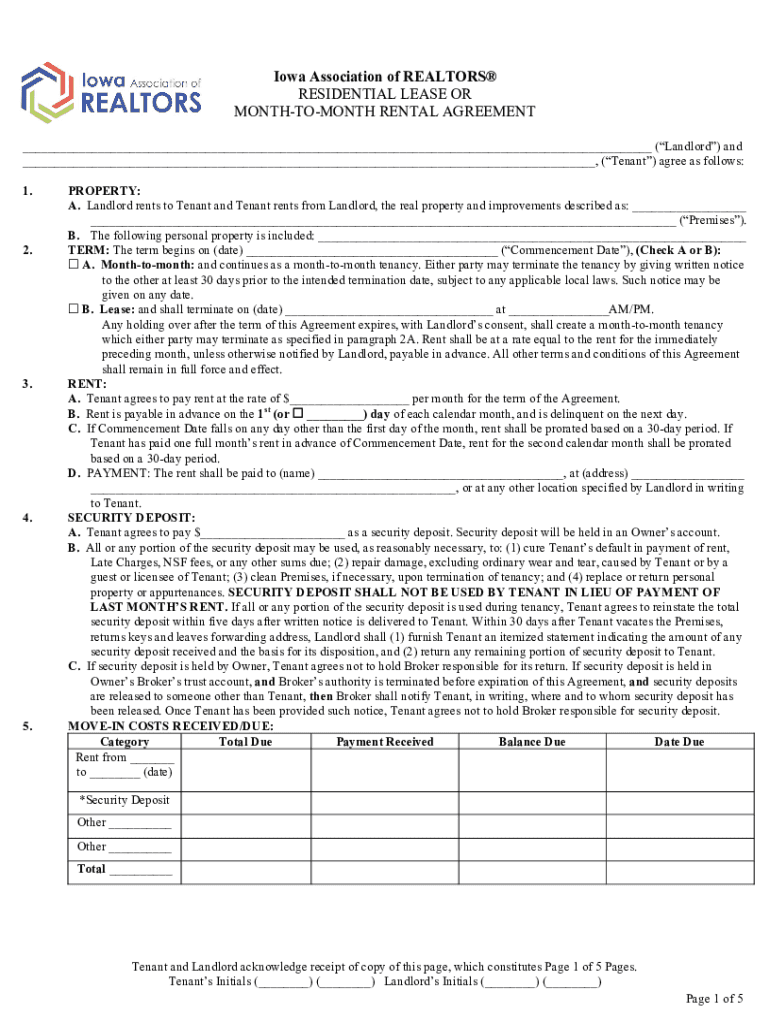 IA Residential Lease Or Month-to-Month Rental Agreement ... Preview on Page 1