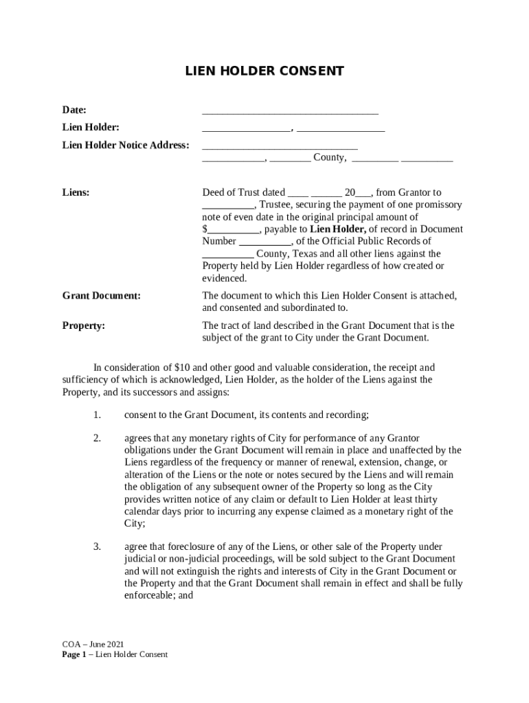LIEN HOLDER CONSENT Doc Template pdfFiller