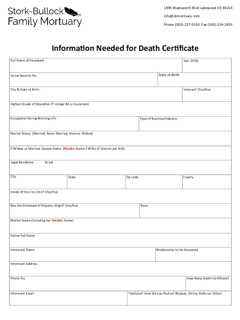 Fillable Online Information Needed for Death Certificate 2021.pub Fax
