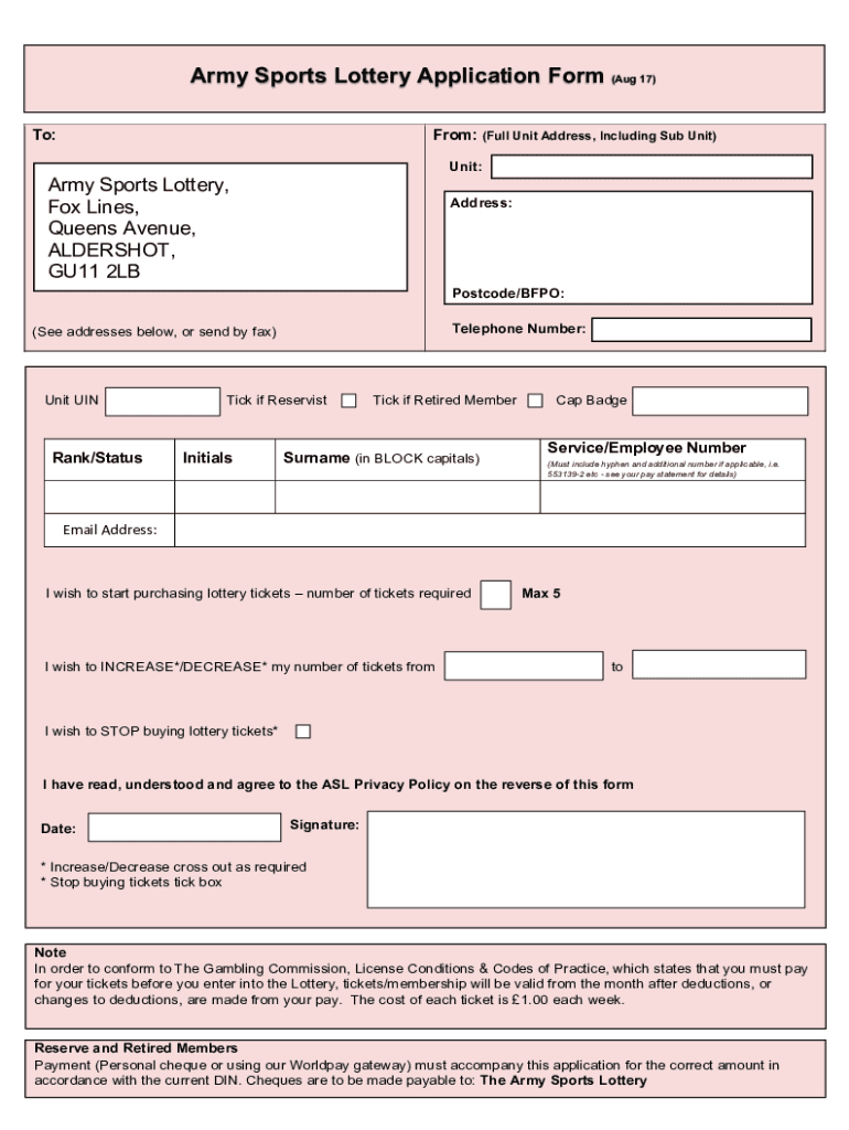 Fillable Online Army Sports Lottery Application Form 2017 v1.5 Fax
