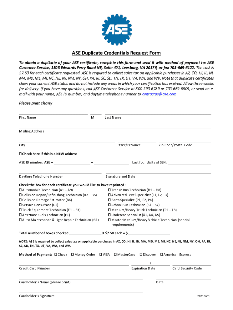 Fillable Online Fillable Online ASE Duplicate Credentials Request Form