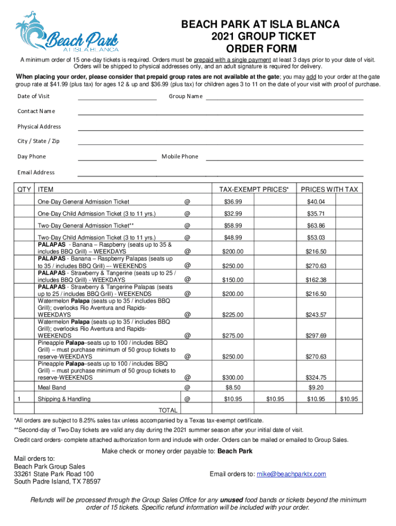 Fillable Online BEACH PARK AT ISLA BLANCA 2021 GROUP TICKET ORDER FORM
