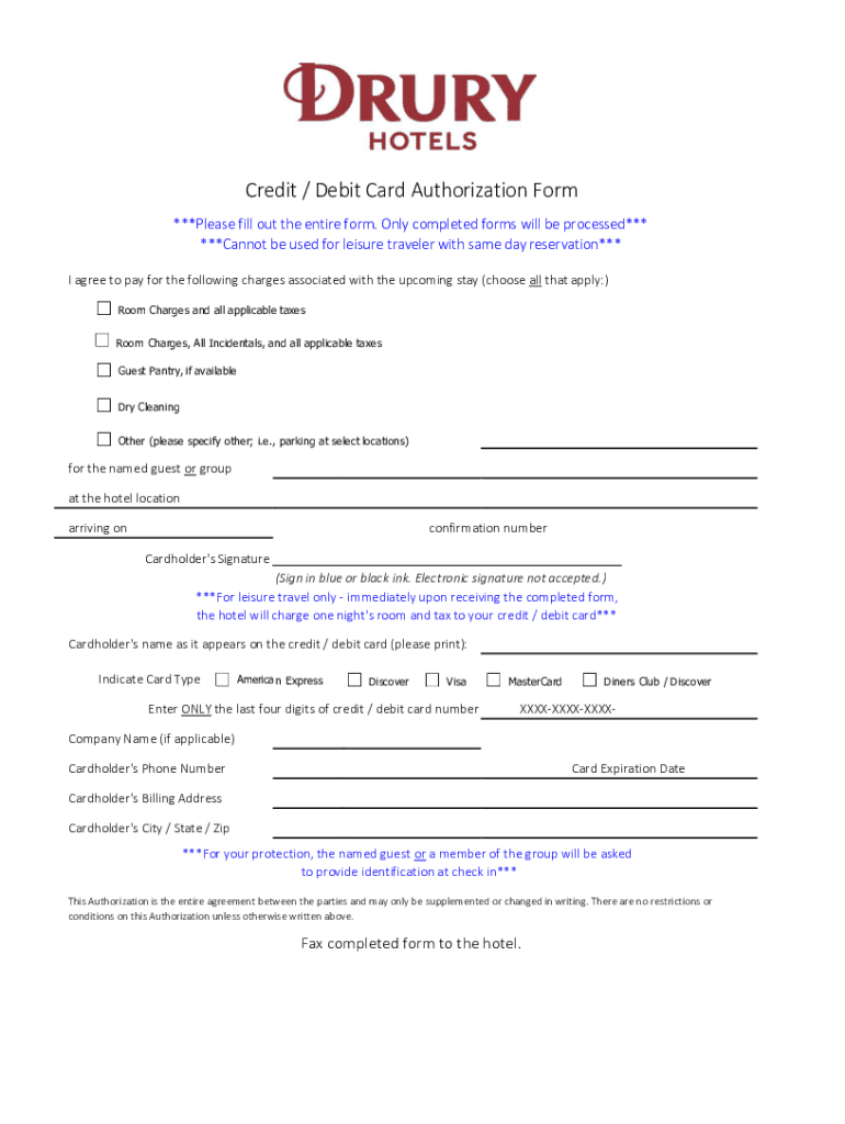 drury credit card authorization form Preview on Page 1