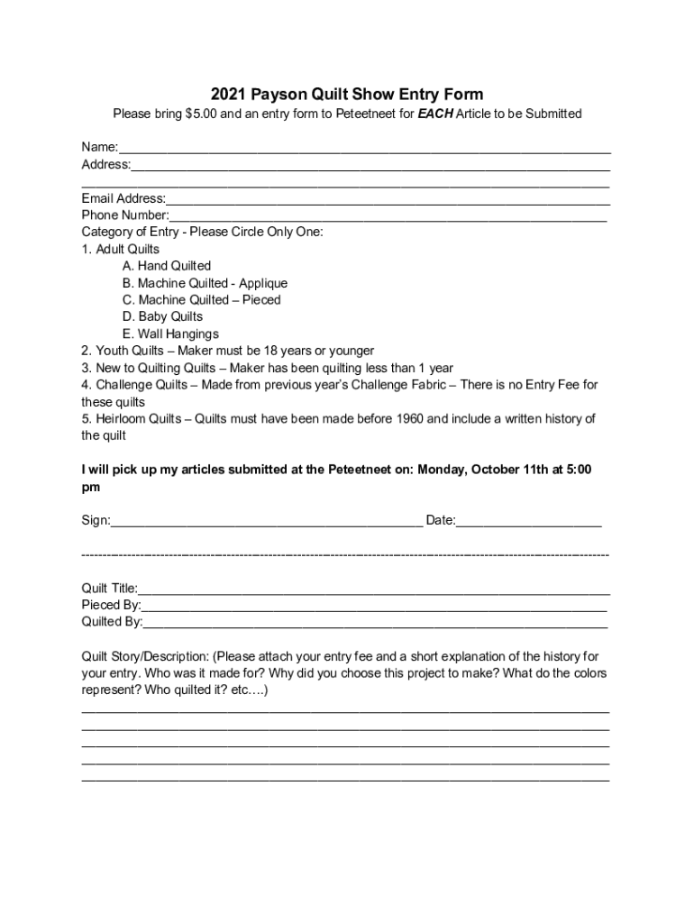Fillable Online 2021PaysonQuiltShowEntryForm1.docx Fax Email Print pdfFiller