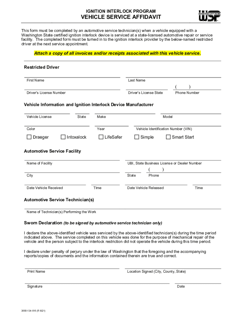 Ignition Interlock Program - Vehicle Service Affidavit (R 6 21) Washington State Patrol Impaired Dri Preview on Page 1