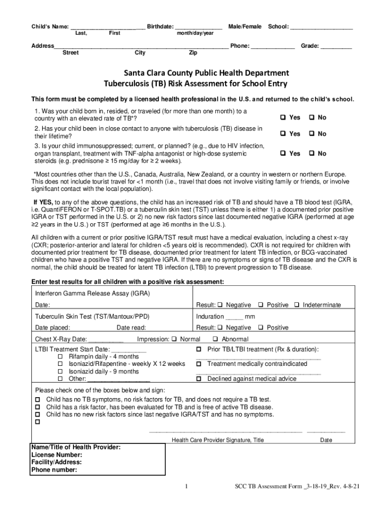 Santa Clara County Tb Risk Assessment Form - Fill Online Preview on Page 1