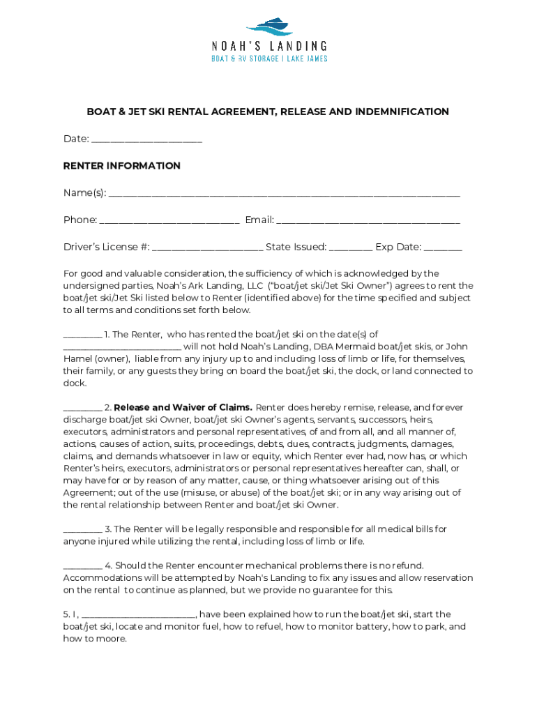 Fillable Online BOAT &amp; JET SKI RENTAL AGREEMENT, RELEASE AND ... Fax ...