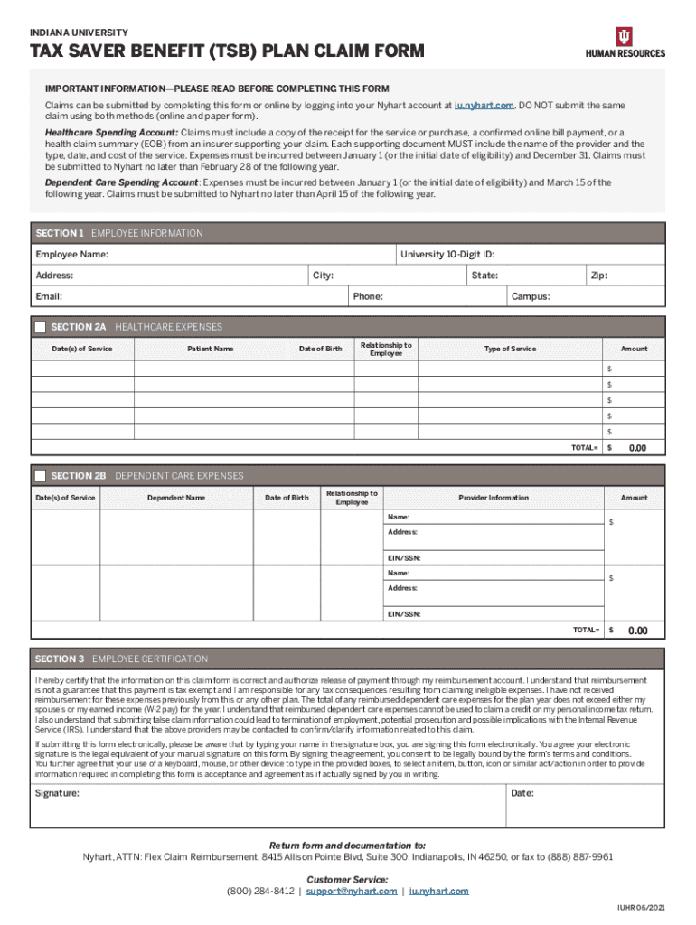 IU Tax Saver Benefit (TSB) Plan Claim Form Preview on Page 1