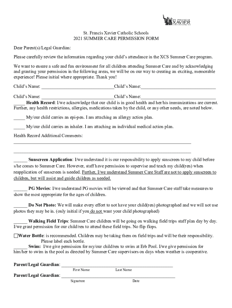Fillable Online St. Francis Xavier School 20202021 School Year Parent