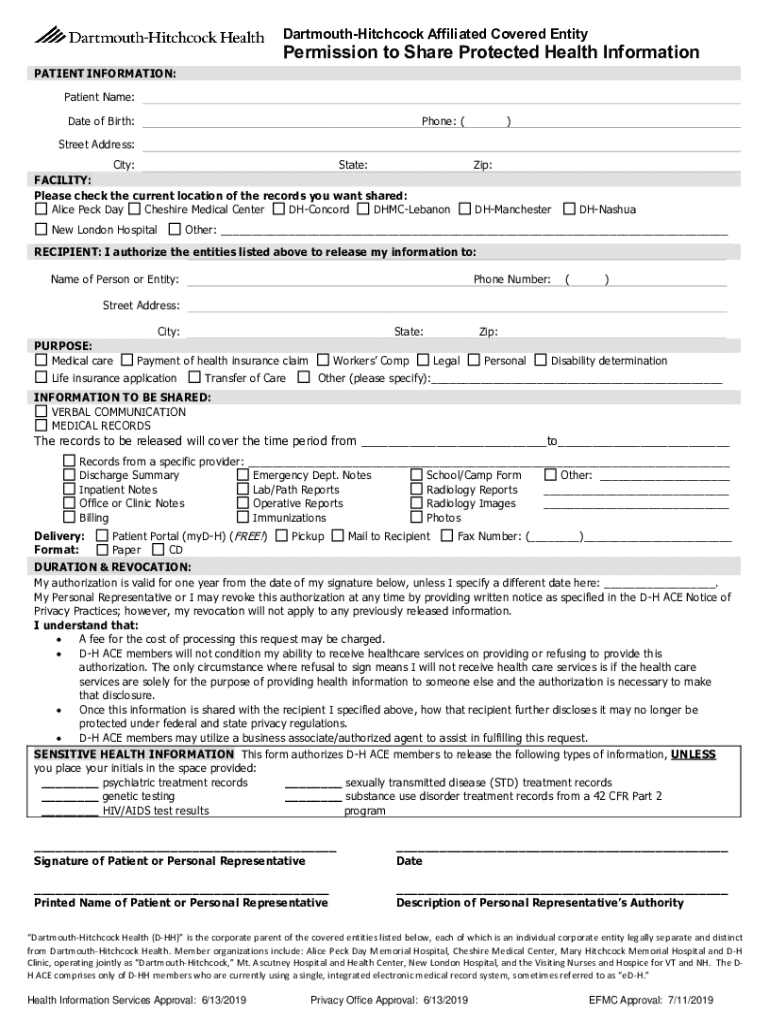 Fillable Online DartmouthHitchcock Health Permission to Share