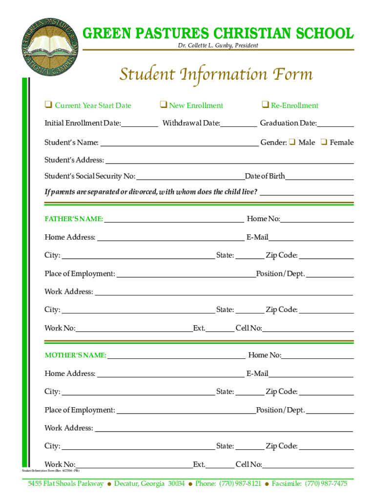Fillable Online Student Information Form. Student Information Form Fax ...