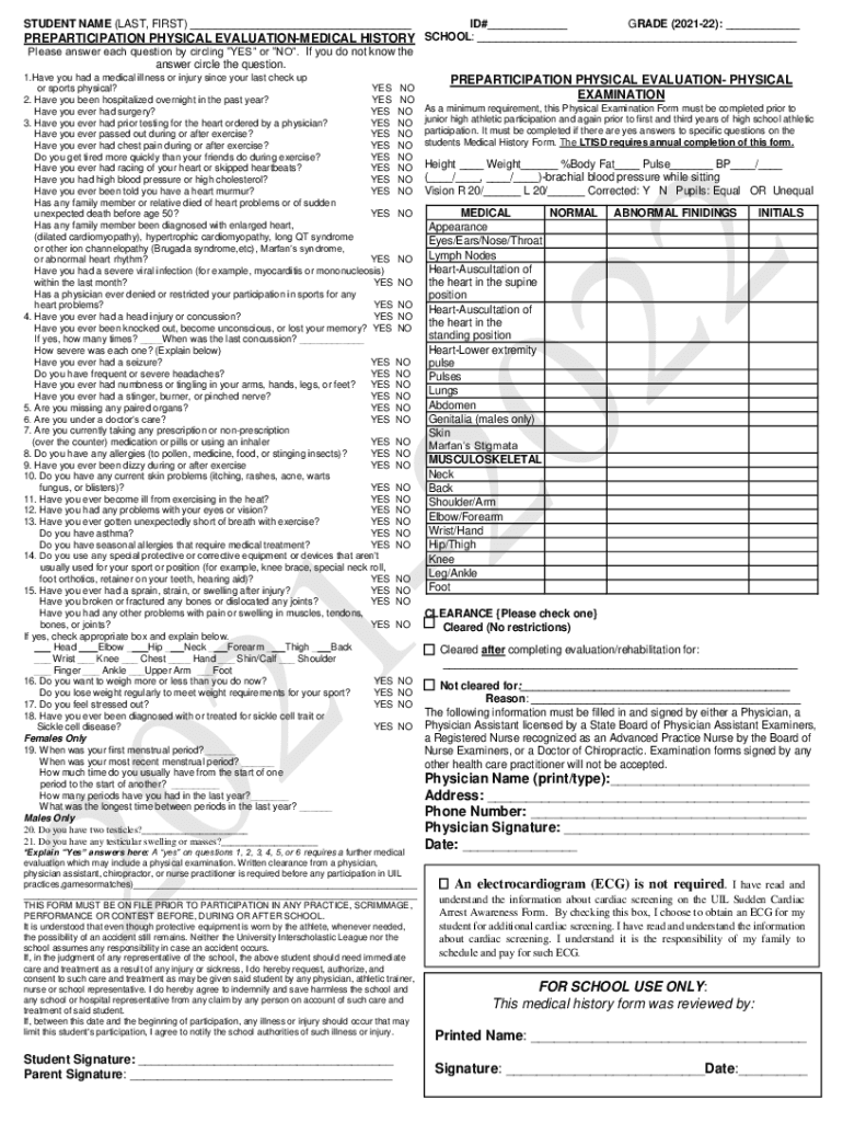 Fillable Online LTISD Athletic Physical Form 20212022 Fax Email Print