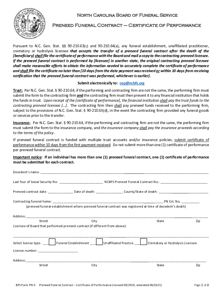 Fillable Online Preneed Funeral Contract Certificate of Performance Fax Fillable Online Preneed Funeral Contract Certificate of Performance Fax