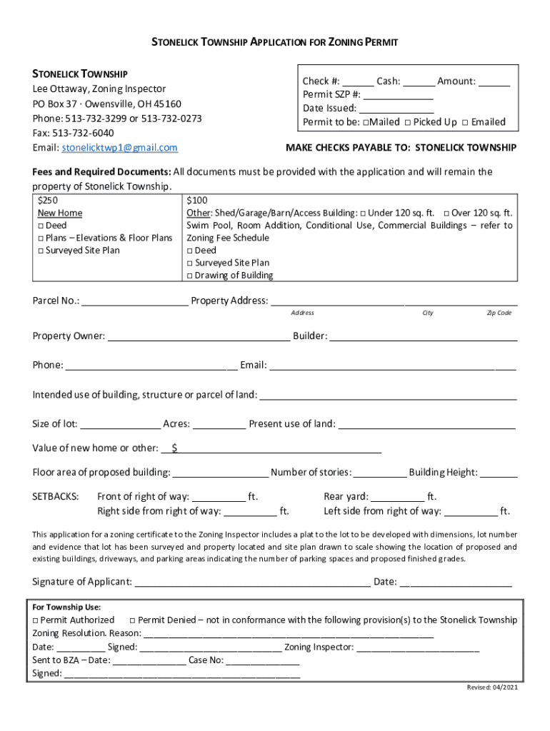 Fillable Online STONELICK TOWNSHIP APPLICATION FOR ZONING PERMIT Fax
