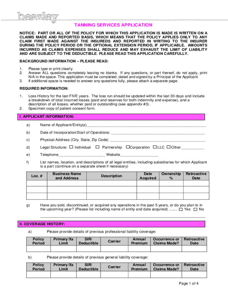 Fillable Online Beazley Tanning Services application. Beazley Tanning