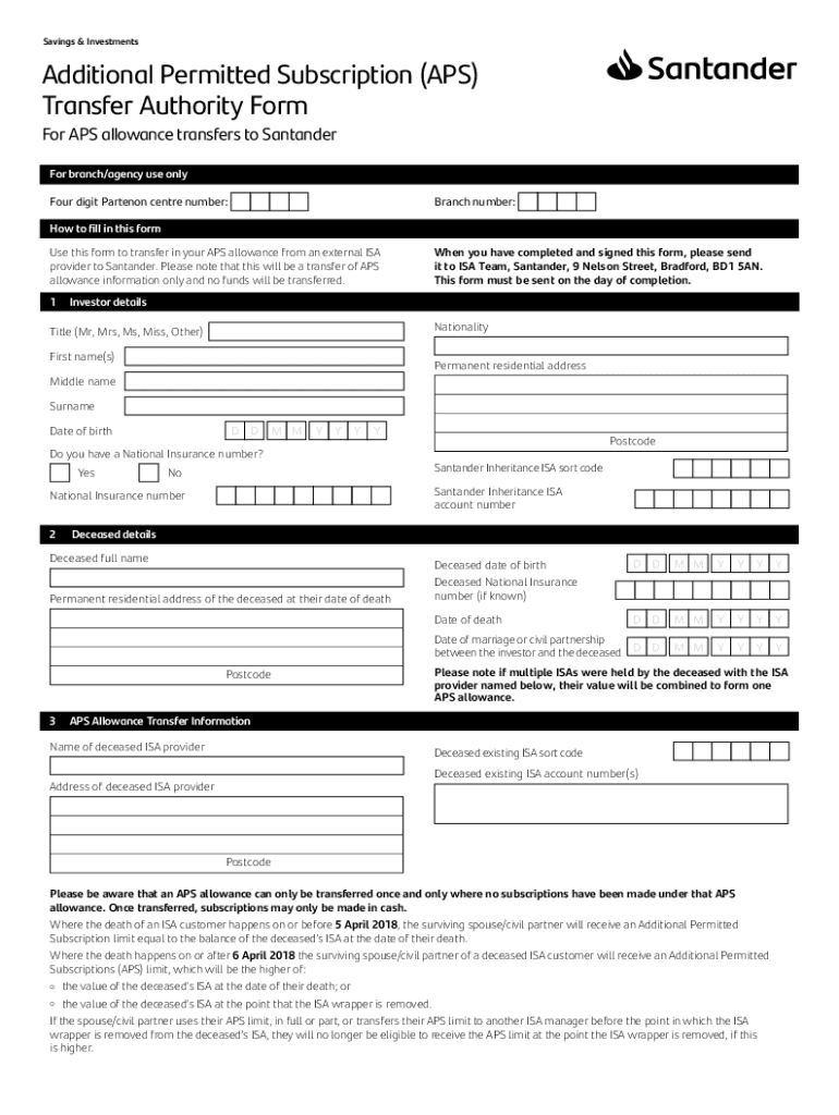 Fillable Online ISA Stocks and Shares transfer form Santander Fax