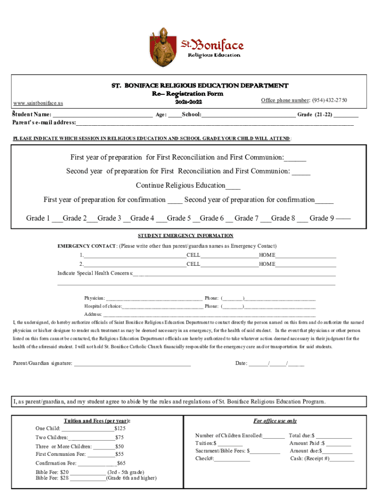 Fillable Online ST. BONIFACE RELIGIOUS EDUCATION DEPARTMENT