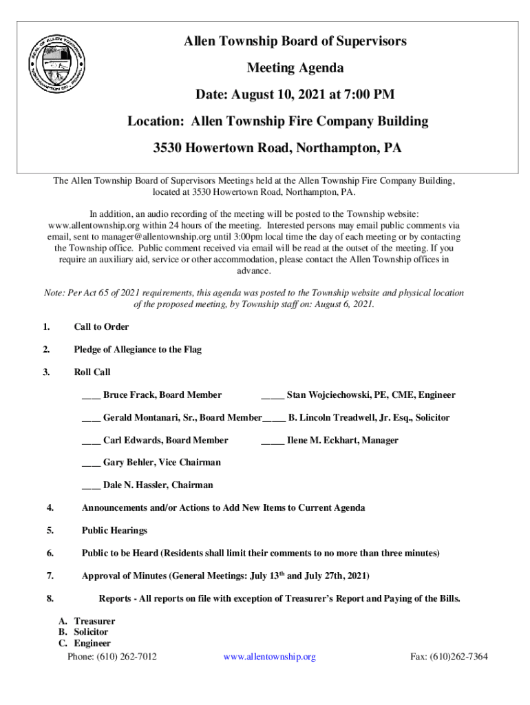 Fillable Online allentownship Allen Township Supervisors ... Preview on Page 1