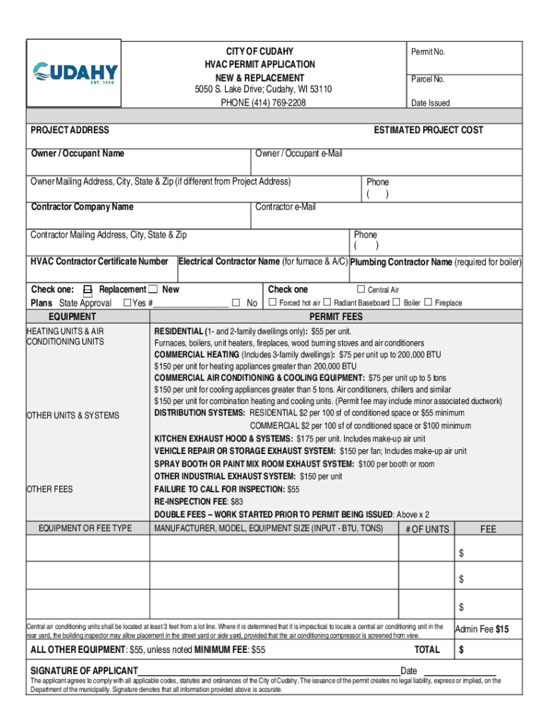 Fillable Online Building Permit Types City of Cudahy, WI Fax Email