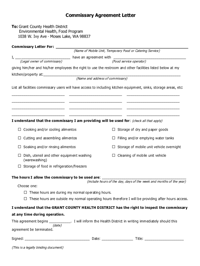 Commissary Agreement Letter doc Preview on Page 1