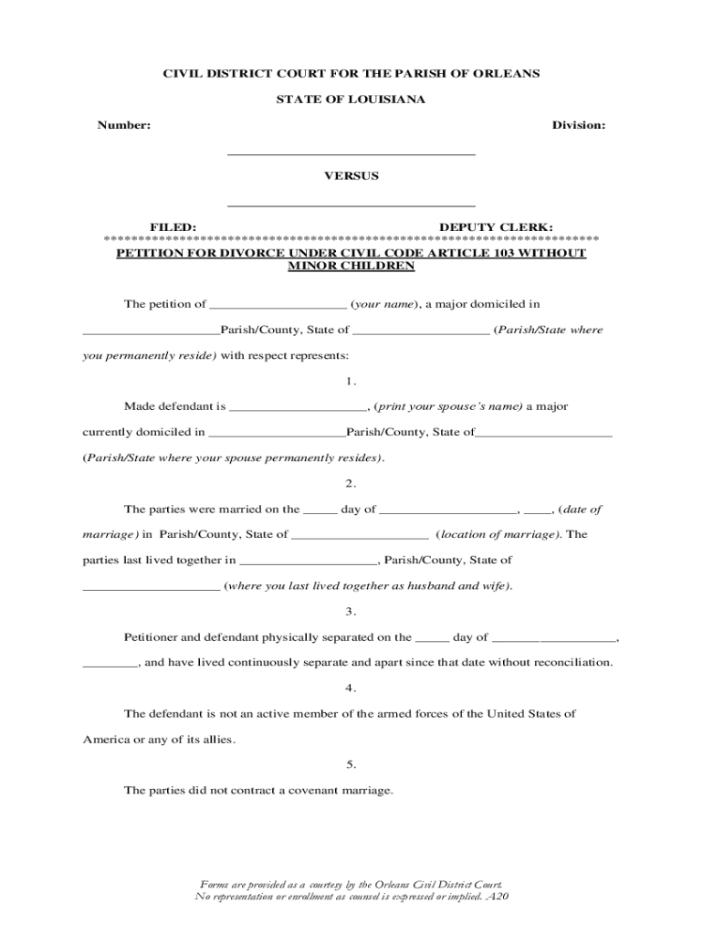 Fillable Online SELF-REPRESENTED LITIGANT PETITION FOR DIVORCE (103 ...