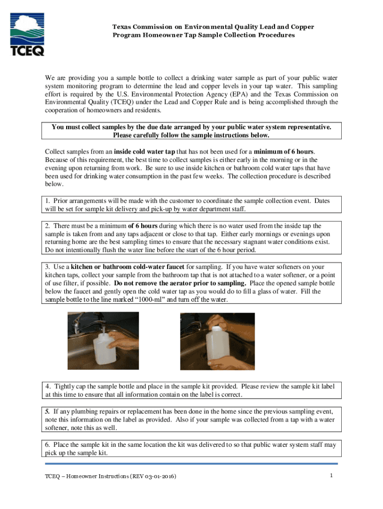 Fillable Online TCEQ Lead and Copper Program Homeowner Tap Sample
